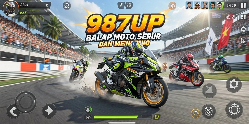 Tangkapan layar dari gameplay seru 987UP yang memamerkan balapan motor.
