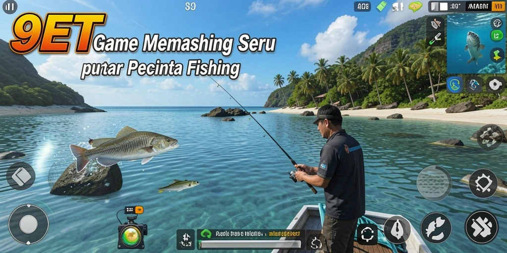 Screenshot gameplay 9ET menampilkan aktivitas memancing yang seru.