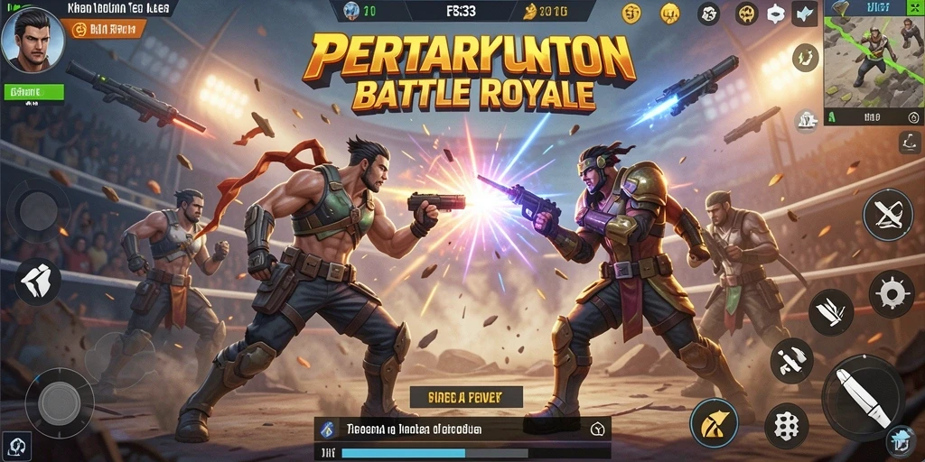Screenshot utama FB333 menampilkan aksi intens dalam pertempuran Battle Royale.