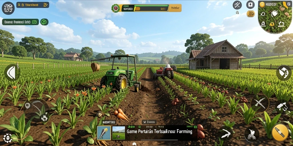 Screenshot gameplay HEBAT303 yang menampilkan ladang subur dan hewan ternak.