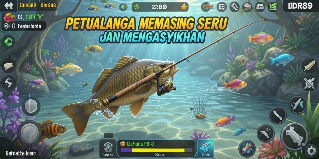 Tampilan gameplay menampilkan momen seru menangkap ikan di laut.