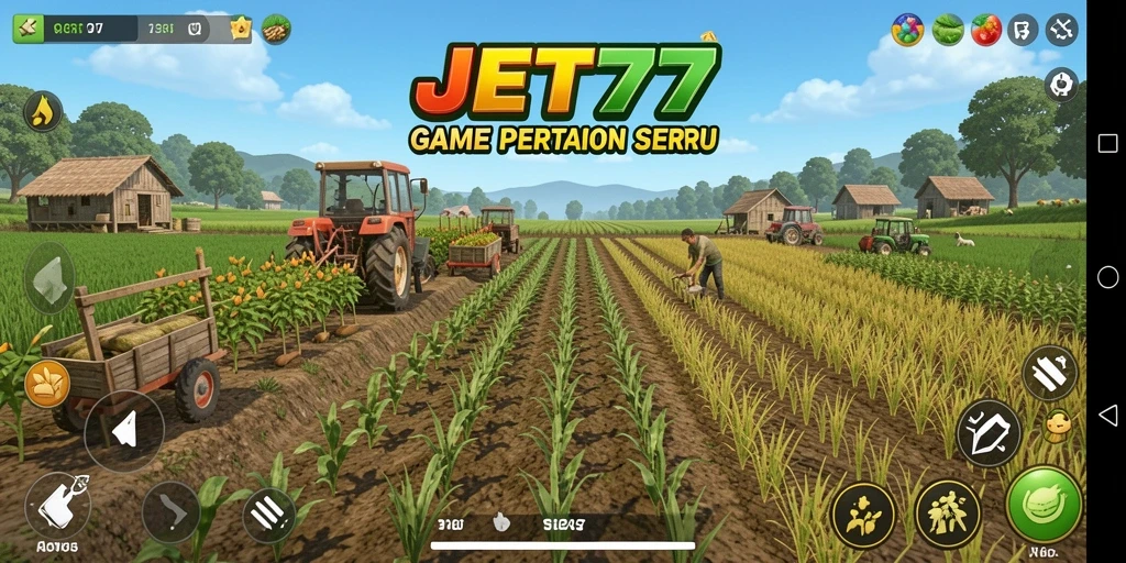 Tampilan gameplay seru di JET77 yang menampilkan pertanian aktif.