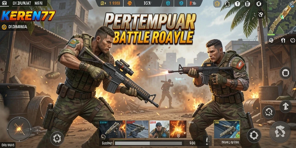 Screenshot KEREN77 menunjukkan aksi pertempuran mendebarkan dalam Battle Royale.