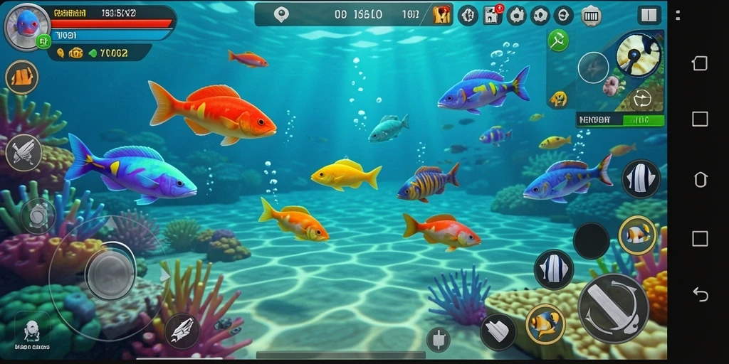 Tampilan gameplay seru dari VV62 dengan banyak ikan untuk ditangkap.